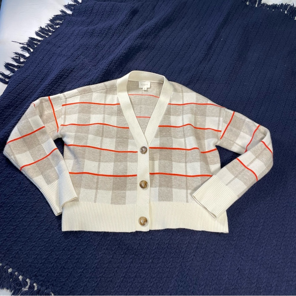 Cyrus Plaid Stripe Cardigan M – Soft Neutral Knit w/ Orange Lines Cozy Preppy - Picture 2 of 9